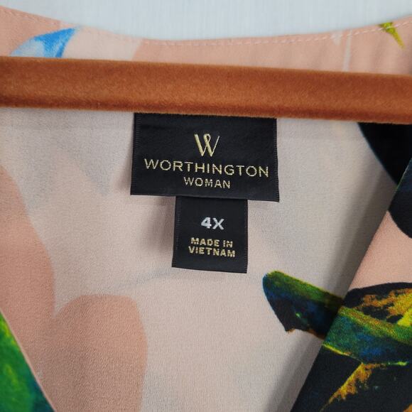 Worthington split neck roll tab sleeve popover tunic top sz 4X pink green leaves - Picture 4 of 7